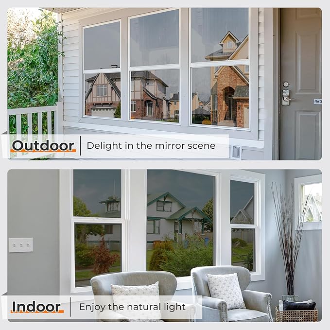 DOWELL Window Privacy Film, One Way Window Tint for Home, Static Cling Anti UV Sun Blocking Reflective Mirror Film, Heat Control See Out Not in Glass Tinting, Black Silver, 23.6" x 157.5"