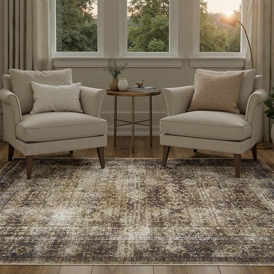 DCX Washable 6x9, Kid & Pet Friendly with Rubber Back Non Slip, Stain Resistant Vintage Rug for Living Room, Bedroom, Home Office, Soft Low Pile Large Farmhouse Distressed Carpet, Brickred