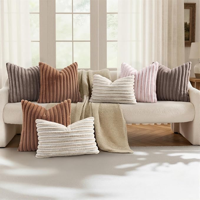 decorUhome Fall Cozy Faux Fur Throw Pillow Covers 20x20 Set of 2 Decorative Soft Plush Striped Modern Farmhouse Boho Couch Pillow Cases with Velvet Back for Sofa Bed Living Room, Pink White