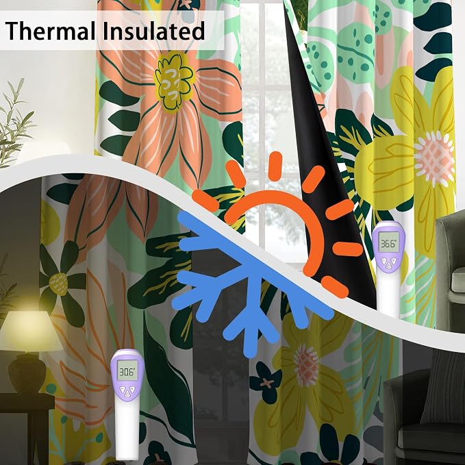 Tyrot Boho Floral 100% Blackout Curtains fo Bedroom 96 inch Long 2 Panels Mid Century Botanical Black Out Curtains for Living Room Grommet Thermal Insulated Room Darkening Window Drapes