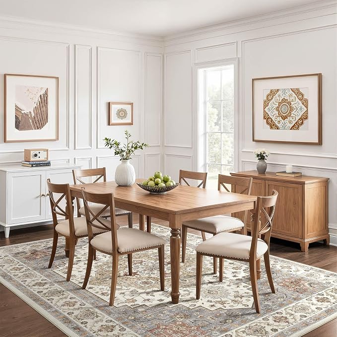 6x8 Area Rug Living Room: Washable Boho Large Neutral Vintage Soft Rugs Stain Resistant Farmhouse Non-Slip Indoor Floor Carpet for Bedroom Nursery Kids Playroom Office Dining Room- Orange Beige