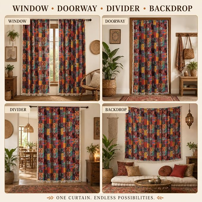 VOGOL Exotic Tribal Ethnic Boho Curtains, Jigsaw Art Print for High Windows, Bohemian Vintage Style Textured Fabric with Elegant Tassels, W59xL94, 1 Panel