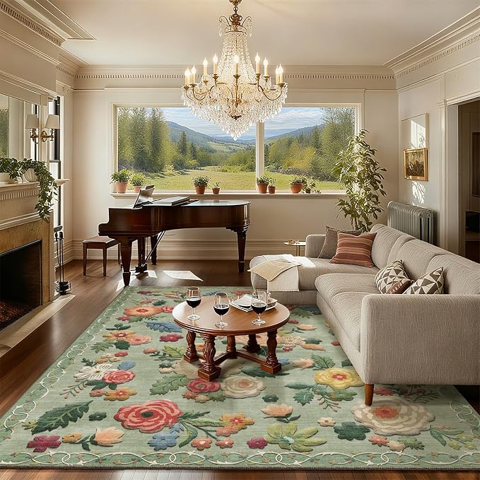 6x9 Area Rugs for Living Room: Washable Bedroom Rug Non Slip Low Pile Soft Faux Wool Non Shedding Lightweight Distressed Vintage Green Floral Large Carpet for Dining Room Entryway Farmhouse Office