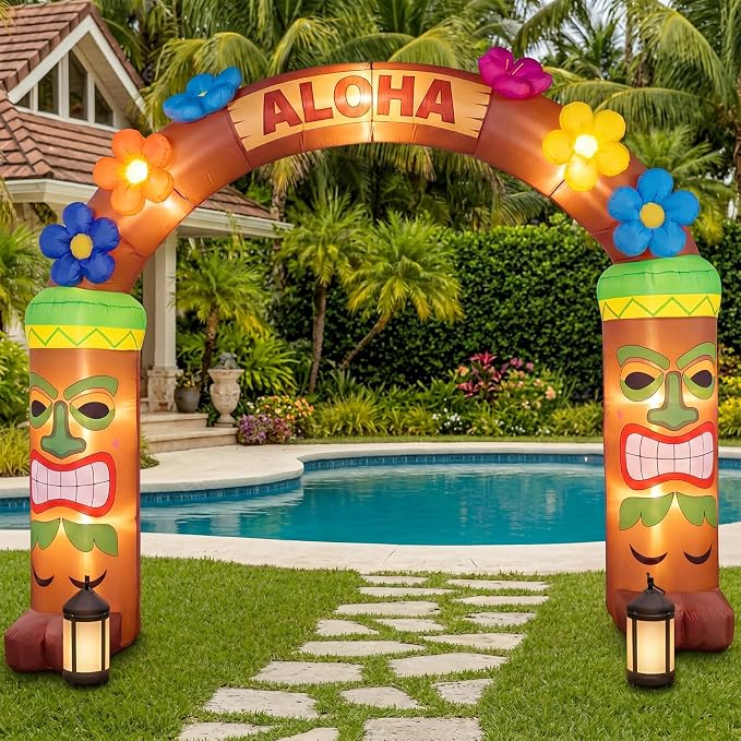 10 Ft Luau Hawaiian Inflatable Archway - LED Lighted Summer Decorations Aloha Tiki Blow Up Arch Party Decor for Summer Tropical Beach Pool Indoor Outdoor Lawn Garden Patio Yard