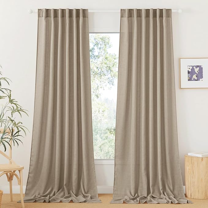 RYB HOME Extra Long Linen Curtains for Dining Room 120 inches Long, Back Tab Farmhouse Light Filtering Privacy Lightweight Floor Sweeping Drapes for Living Room, Khaki, 52" W, 2 Panels