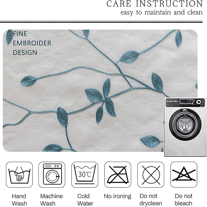 AmHoo 2 Panels Embroidered Leaf Pattern Semi Sheer Curtains Foliage Floral Voile Window Draperies Treatment for Bedroom Living Room Rod Pocket White Teal 53 x 84 Inch