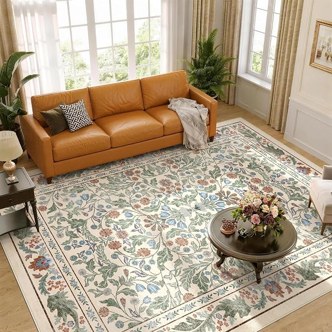 Floral 8x10 Area Rugs for Living Room, Machine Washable Vintage Rug Boho Low Pile Carpets Non Slip Soft Carpet for Farmhouse Bedroom Office Rugs, Kids Room, Nursery Room, Playroom, Beige