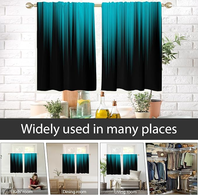 AAtter Teal and Black Kitchen Curtains, Ombre 27.5" W x 39" L, 2 Panels | Turquoise Modern Rod Pocket Bathroom Window Drapes, Dark Abstract Striped Style, Cool Anime Design, Aqua Small Short Tiers