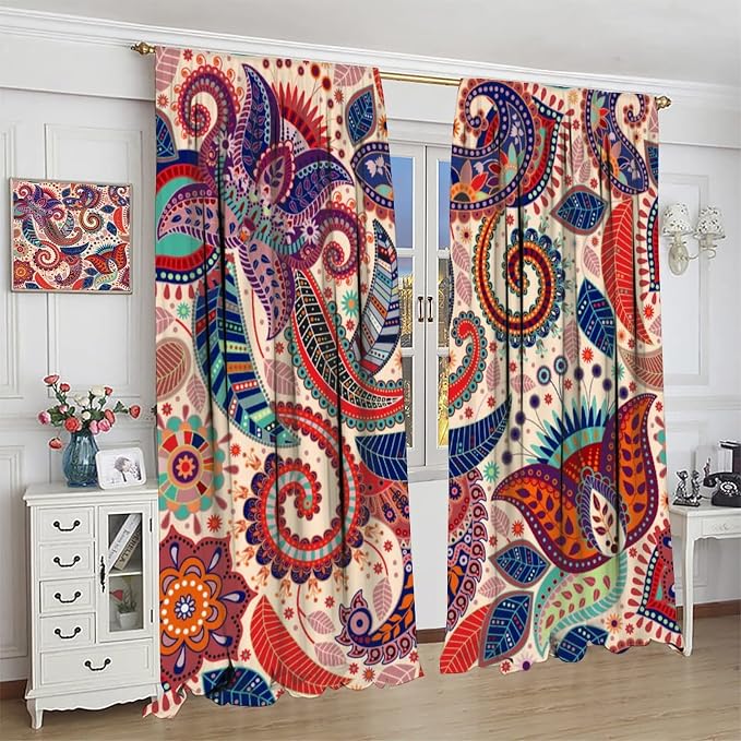 Boho Decorative Curtains Bedroom Living Room Rod Pocket Curtains, Vintage Boho Grill Floral Pattern 2 Panel Set, 42x54 in.