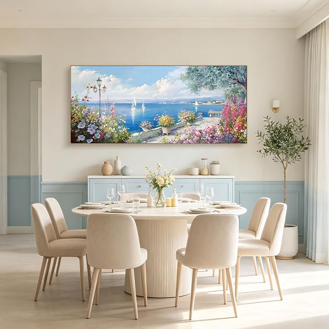 Oversized French Coastal Flower Sailboat Canvas Wall Art Framed Pastel | Mediterranean Seaside Landscape Painting Large Wide Wall Decor For Spacious Living Room Master Bedroom Open Dining Room 86x39