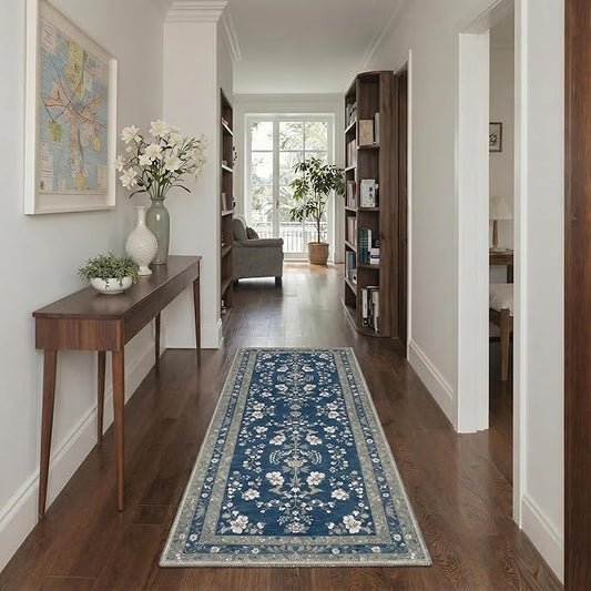 GENIMO Runner Rug 2x5 Non Slip Machine Washable Vintage Hallway Runner Rug, Low Pile Lightweight Rugs for Entryway, Hallway, Kitchen and Corridor, Dusty Navy
