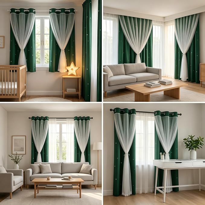 Christmas Decorative Star Curtains Double Layer Blackout Curtains with White Sheer Thermal Insulated Blackout Drape for Boy Girls Nursery 2 Pieces with Tiebacks Forest Green 52W x 72L