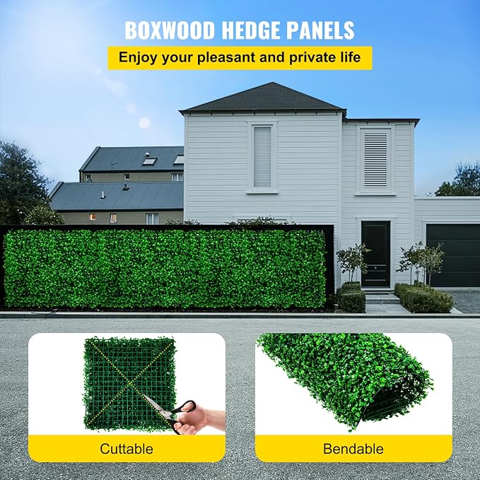 VEVOR Artificial Boxwood Panel 6pcs, 20 x 20 in 1.6 in Sun Protected Boxwood Hedge Wall Panels, Artificial Grass Backdrop Green Fake Wall for Privacy Fence Decor Indoor Outdoor Garden Backyard