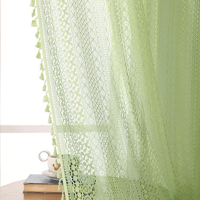 WAZZIO Boho Lace Curtains 84 Inches 2 Panel,Light Filtering Privacy Tassel & Geometry Crochet Semi Sheer Curtain Drapes for Bedroom Living Dining Room,Rod Pocket & Tassel,Grass Green