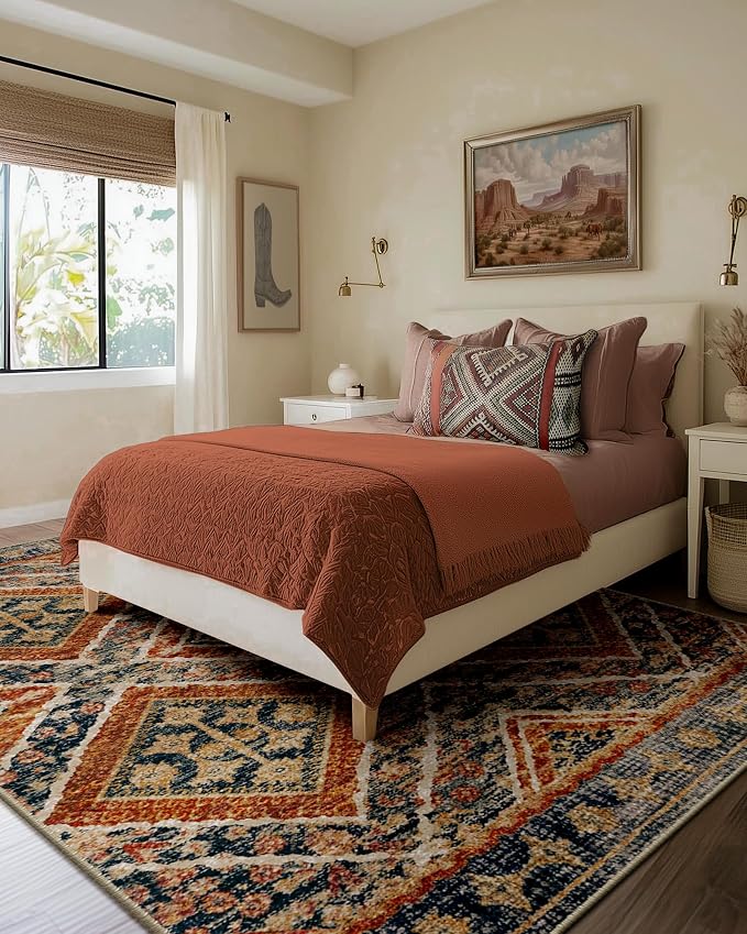 BESTSWEETIE Area Rug 6x9 Rug Machine Washable Non-Slip Low Pile Print Pattern Western Rug for Living Room Bedroom Entryway Tribal Series -Orange/Brown