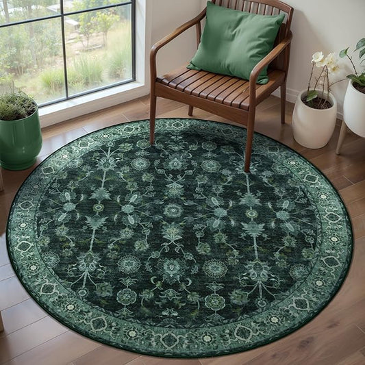 Tangsoo Vintage Round Rug 4ft Washable Circle Rug, Non Slip Small Boho Round Rug, Low Pile Green Floral Circular Rugs, Machine Washable Round Carpet for Bedroom,Entryway,Nursery,Dorm,Kitchen,Office
