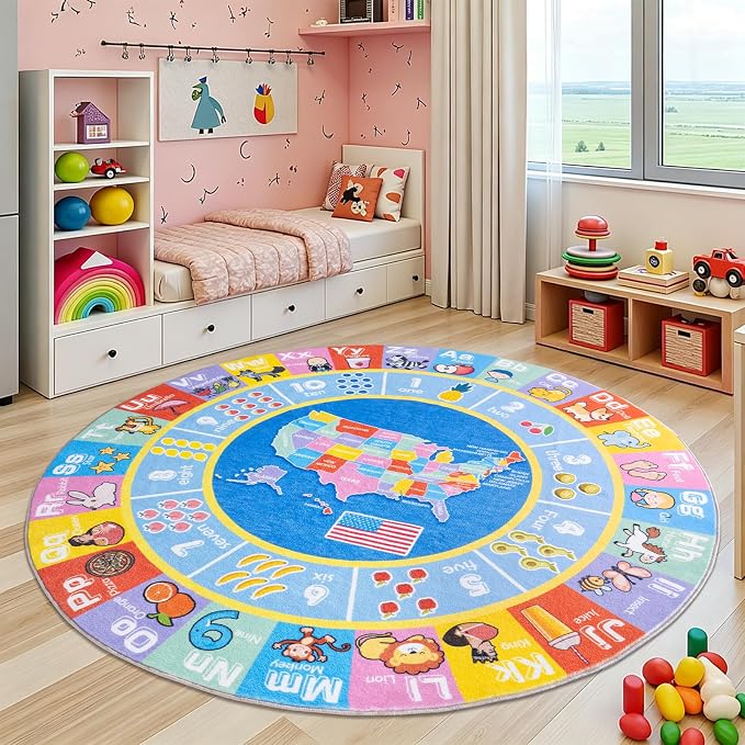 Kids Rugs for Playroom - Soft & Non-Slip 4x4 Feet Round Educational Rug for Learning ABC Alphabet, Numbers, Shapes & Map, Washable Classroom Rug for Bedroom Nursery & Kids Room Decor