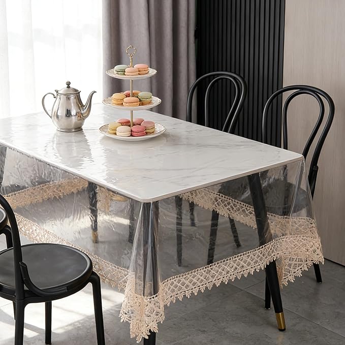 Clear Vinyl Tablecloth Protector – Waterproof Rectangular Table Cover with lace Trim for Dining, Kitchen, Party, Indoor & Outdoor Use (84"x60")