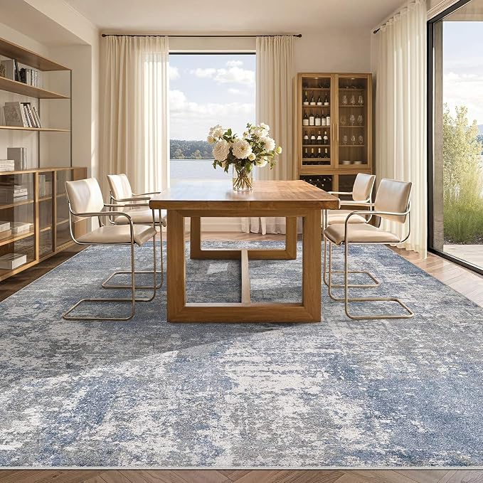 Tortania Washable 10x12 Area Rug for Living Room: Modern Abstract Neutral Large Soft Thin Rugs - Non Slip Indoor Carpet for Bedroom Dining Room Office Nursery Home Floor Decoration - Blue Grey