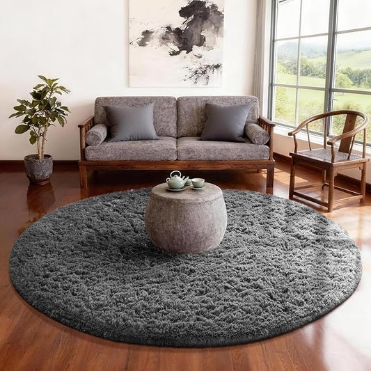 Ophanie Round Rug 5Ft Grey Circle Area Rugs, Fluffy Fuzzy Bedroom Carpet 5 Foot, Plush Shag Indoor Floor Gray Living Room Christmas Circular Aesthetic Decor for Kids Teen Boys Baby,Nursery, Classroom