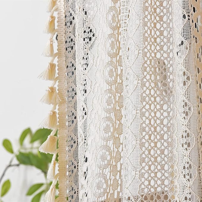 Sutuo Home Beige Boho Lace Short Curtain for Kitchen Window Curtains Over Sink,Vintage Chic Valance Crochet Bohemian Semi Sheer Farmhouse Rustic Handmade Tassels,Rod Pocket,1 Panel 59" W x 18" L
