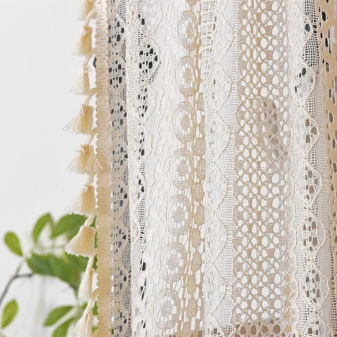 Sutuo Home Boho Sheer Curtain Valance Tier Crochet Lace with Bohemian Hollow Knitted Handmade Tassels, Short Farmhouse Window Treatment for Kitchen Cafe, Rod Pocket, 1 Panel 59" W x 24" L, Beige