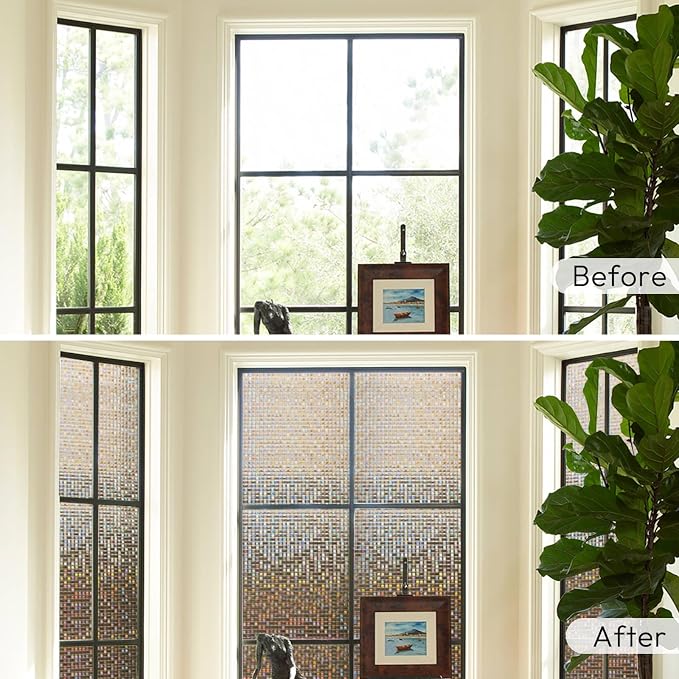 rabbitgoo Window Privacy Film, Mosaic Stained Glass, Brown 17.5" x 118.1" | Rainbow Decorative Removable Static Cling Tint, UV Blocking Reduce Heat, Non-Adhesive Privacy Covering for Home, Office