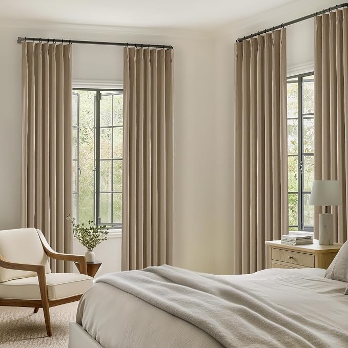 Light Brown Linen Blackout 92 Inch Curtains for Living Room 2 Panels Set Pinch Pleated Back Tab Drapes Farmhouse Thermal Insulated Full Black Out Curtains 92 Length High Ceiling to Floor 40x92