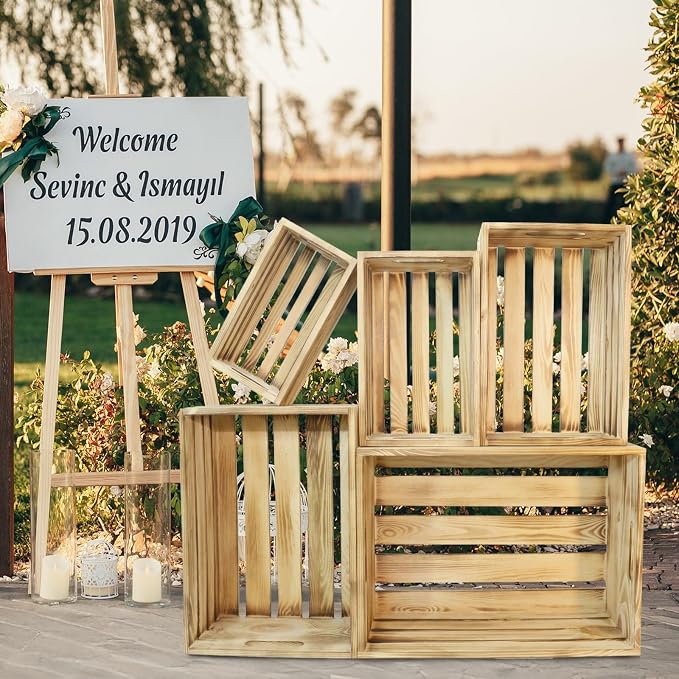 5 Pcs Wooden Crates for Display, Nesting Wood Crate for Storage, 5 Size | Farmhouse Weddings Wooden Basket for Storage Container and Decorations, Rustic Wood Crates for Farmers Market, Birthday, DIY