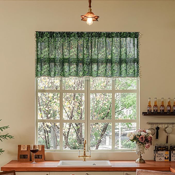 Deeprove Boho Valance Kitchen Window Curtain Over Sink Tropical Botanical Leaves Print 18 Inch with Fringes Natural Rainforest Plant Small Short for Summer Decor Cafe Privacy 1 Panel 52W x 18L