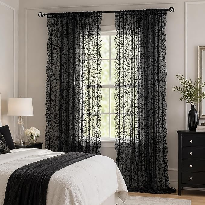 TUDECO Black Ruffle Curtains 90 Inches Long - Boho Floral Semi Sheer Black Lace Curtains for Living Room, Old House Tulle Rod Pocket Light Filtering Gothic Bedroom Decor 2 Panels, 59W x 90L Inch