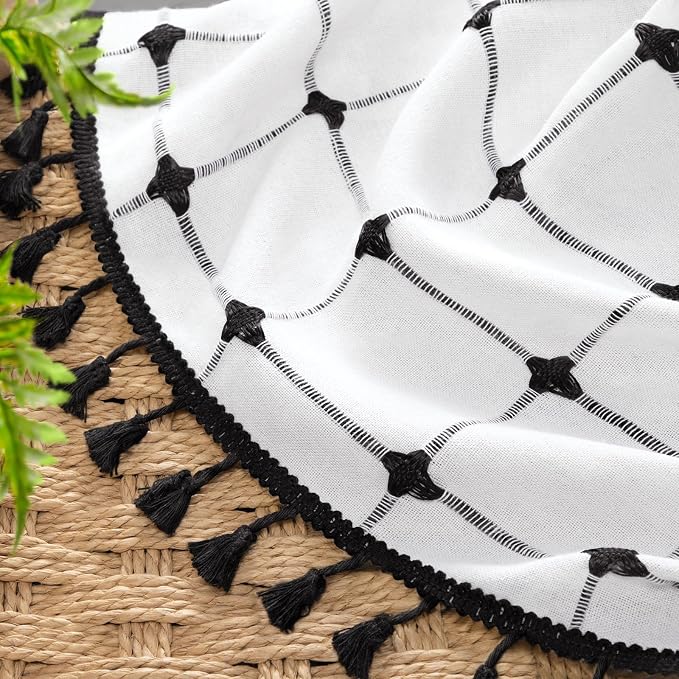 Boho Blackout Black Plaid Curtains 84 Inch Linen Blend Drapes with Tassels 2 Panels, Cotton Embroidered Farmhouse Curtains for Living Room Bedroom