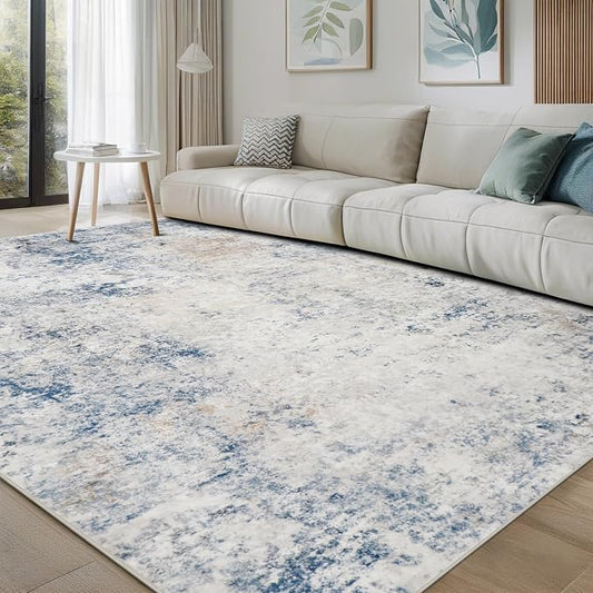 Srugn Washable Rugs 8x10 Area Rugs for Living Room,Modern Abstract Rugs for Bedroom,Large Carpets,Ultra Soft Faux Wool Retro Dining Room Rug,Non Slip&Non-Shedding Low Pile Print Rug- Blue Beige