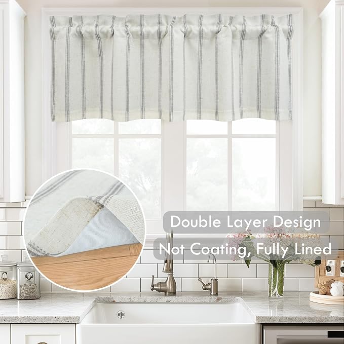 DriftAway Farmhouse Linen Lined Valance Double Layer Thermal Insulated Room Darkening Blackout Window Valances 3 Inch Rod Pocket Vertical Striped Kitchen Valance for Bathroom Single 52 x 24 Inch Gray