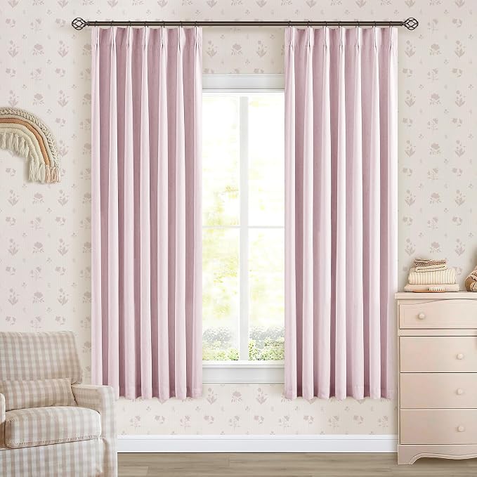 Light Pink Linen 63 Inch Length Blackout Curtains Pinch Pleated Drapes Back Tab 100% Black Out Short Room Darkening Pinch Pleat Curtains with Hooks Rings for Small Girls Bedroom Nursery Blush