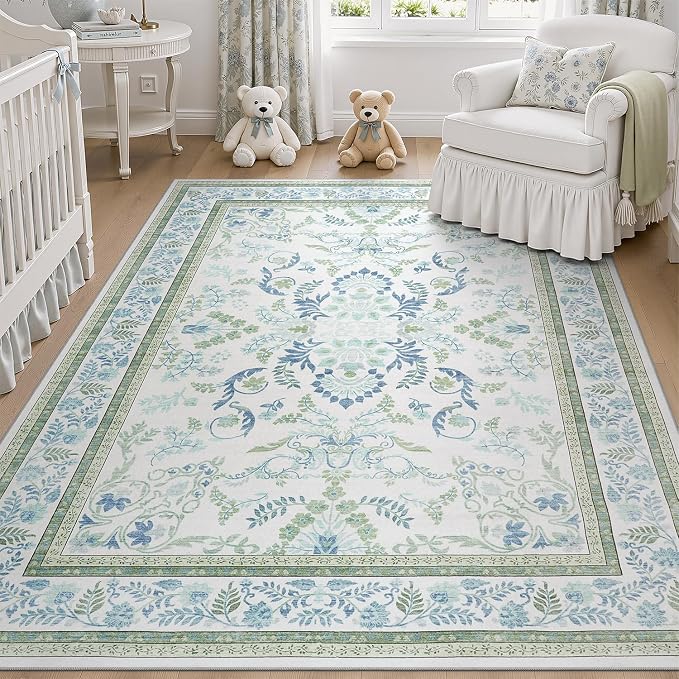 DCX Green 4x6 Rug, Kid & Pet Friendly with Rubber Back Non Slip, Machine Washable Stain Resistant Botanical Floral Rug for Living Room, Bedroom, Soft Low Pile Large Nursery Carpet