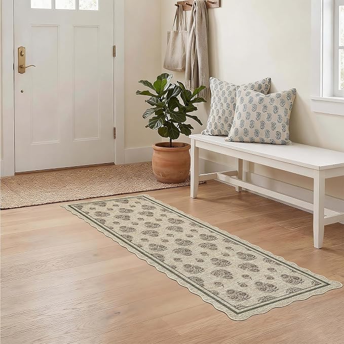 ORTIGIA Scalloped Easy Jute 2x6 Kitchen Runner Rug Vintage Brown Floral Accent Farmhouse Washable Rug Non-Slip Outdoor Carpet for Entryway Indoor Hallway Patio Laundry Room