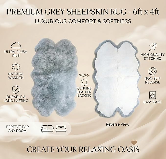 Woolous Sheepskin Rug 4x6 ft Gray - Genuine New Zealand Sheep Skin Rugs - Large Quad Natural Fluffy Area Rug - Real Sheepskin for Nursery Decor, Bedroom, Living Room - Soft & Luxurious 4 Pelt Rug