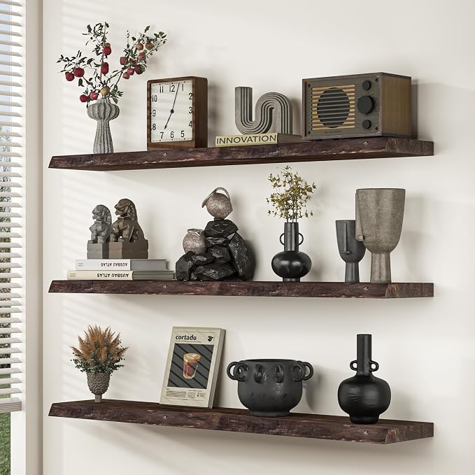 Floating Shelves for Wall, 72"x9.3" Rustic Solid Live-Edge Elm Wood Wall Shelves, Heavy-Duty Floating Shelves with Invisible Brackets, Set of 2 for Living Room, Bedroom, and Kitchen, Walnut Finish