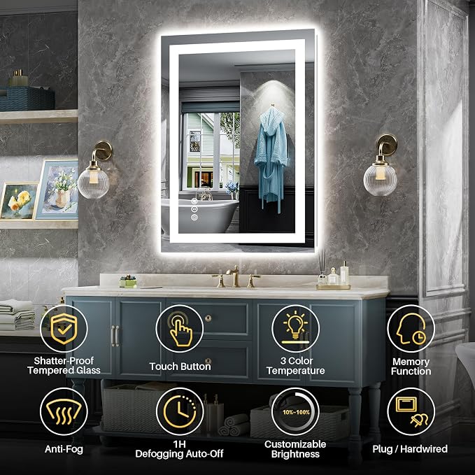 Briivue 24x30 Inch LED Bathroom Mirror with Lights, Backlit & Front Lit, Anti-Fog Lighted Bathroom Vanity Mirror for Wall, Memory Function, Dimmable, HD Tempered Glass, Shatter-Proof