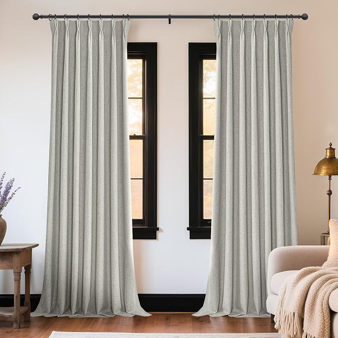Joydeco Greyish White Pinch Pleated Thick Linen Curtains 96 Inch Long 2 Panel Set for Living Room, Double-Faced Curtain for Bedroom, Back Tab Blackout Drapes with Adjustable Hooks (40”W x96”L)