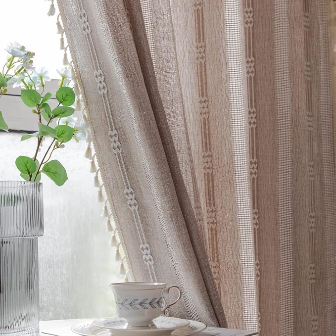 Linen Curtains 108 Inches Long for Living Room 2 Panels Set, Embroidery Farmhouse Tassel Boho for Bedroom Light Filtering Window Rod Pocket Drapes (52" W x 108" L, Khaki)
