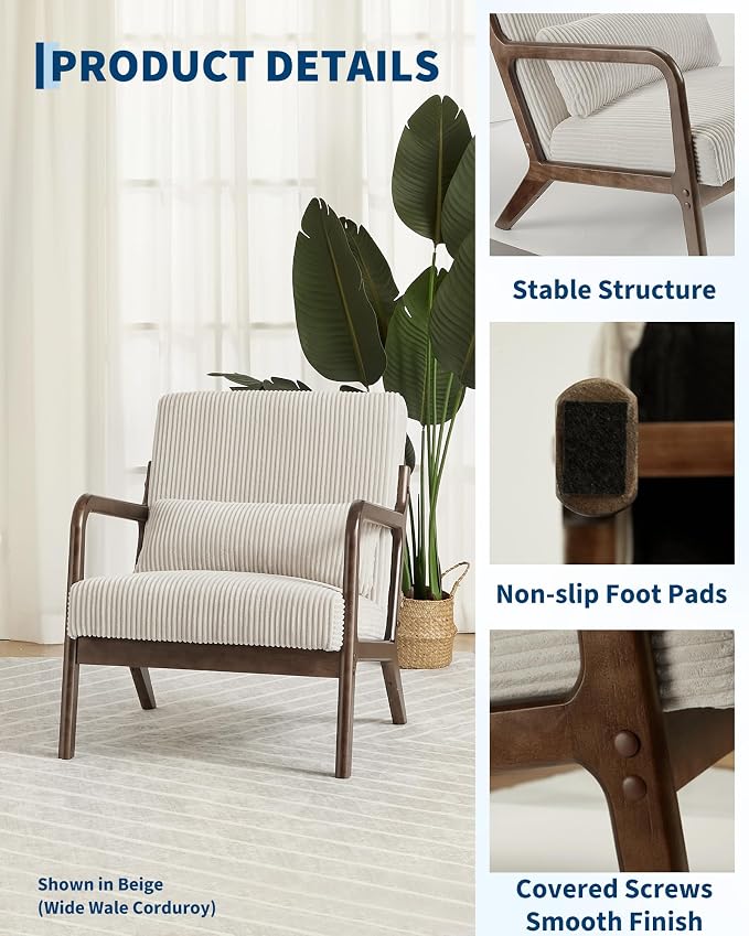 Garvee Mid-Century Modern Accent Chair, Fine Wale Corduroy Upholstery, Solid Wood Armchair with Removable Lumbar Pillow, Sturdy Reading Chair for Living Room, Bedroom, Guest Room, Easy Assembly, Brown