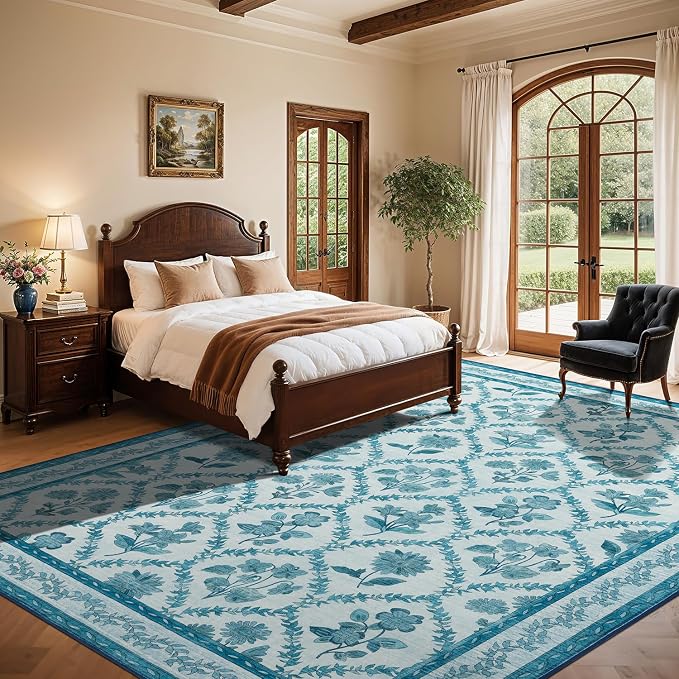 LIANLAM Checkered Rug 8x10 Area Rugs for Living Room - Stain Resistant & Non-Slip Backing Vintage Boho Floral Design Rug for Bedroom,Durable & Ultra-Thin Large Washable Area Rug(8x10,Blue)