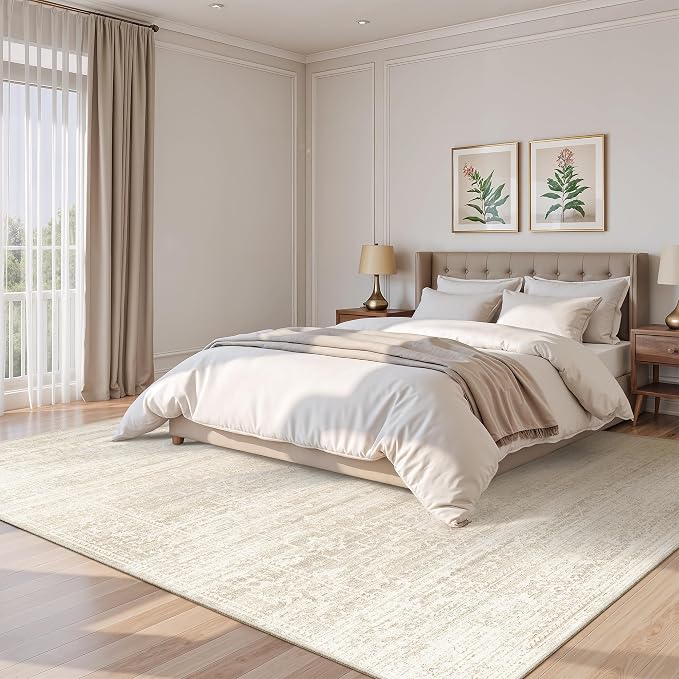Soalmost 8x10 Area Rugs for Living Room, Washable Soft Rug Beige/Cream | Non-Slip Low Pile Natural Vintage Floral Rug Throw Carpet for Dining Room Bedroom Home Office Nursery 8'x10'
