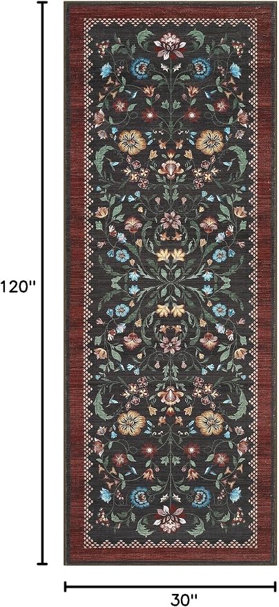 GarveeHome Floral Rug 2.5x10 Runners for Hallways, Boho Kitchen Runner Rugs Non Slip Bath Runners, Vintage Washable Runner Rug for Bedroom, Soft Long Rugs for Entryway Bathroom Laundry Dorm, Red