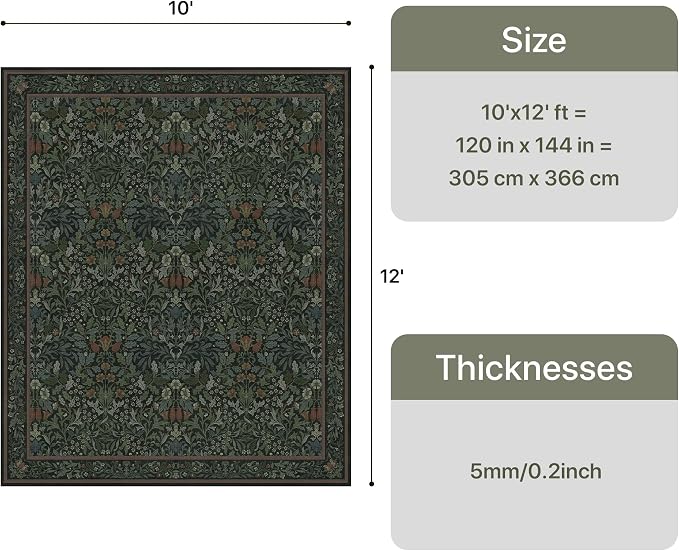GENIMO 10x12 Large Washable Area Rug for Living Room, Non Slip, Dark Green | Vintage Boho Floral Low Pile Thin Carpet for Bedroom, Dining Room, Nursery, Indoor Decor