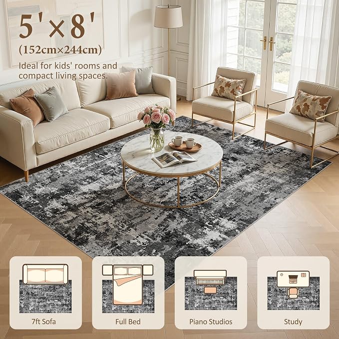 5x8 Area Rug Living Room Rugs: Washable Large Soft Abstract Modern Neutral Rug Stain Resistant & Non-Slip Low-Pile Carpet for Bedroom Dining Nursery Home Office Room Decor - Black