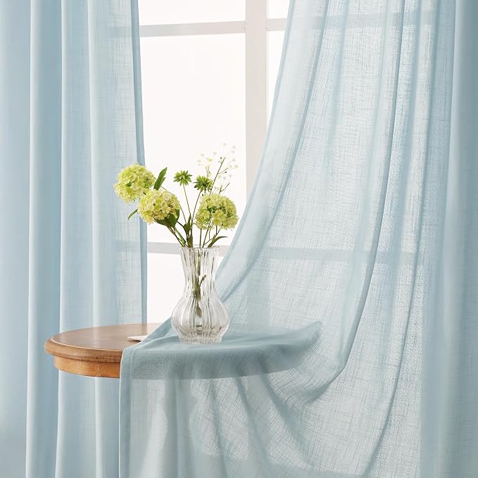 Sky Blue Curtains 90 Inch Length for Bedroom Back Tab Light Filtering Semi Sheer Living Room Curtains Linen Cotton Textured Drapery Panel Aesthetic Decor 52x90
