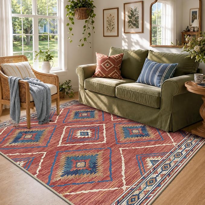 BESTSWEETIE Area Rug 4x6 Rug Machine Washable Non-Slip Low Pile Print Pattern Western Rug for Living Room Bedroom Entryway Tribal Series -Red/Orange